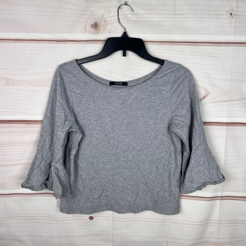 Lovfee Top Womens M Gray Boat Neck T-Shirt Flare Sleeve Solid Knit Pullover